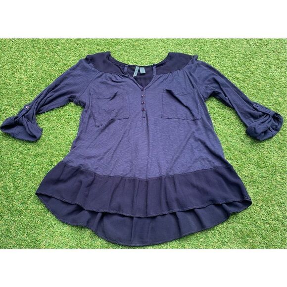 Left of Center ANTHROPOLOGIE blue button chiffon trim SPRING Tunic Top Shirt - Picture 1 of 7